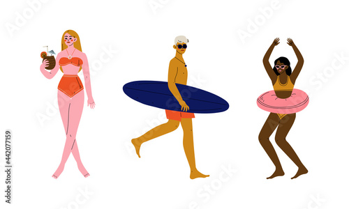 People Characters Having Summer Vacation on Sea Shore Wearing Swimsuit and Sunbathing Vector Set