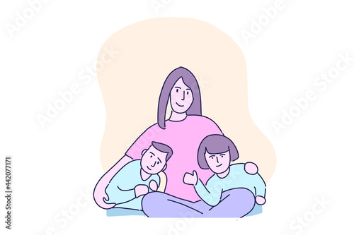 Hand drawn illustration mother hug two kids