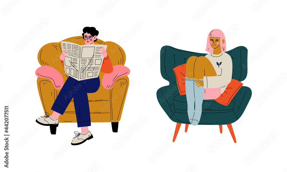 Man and Woman Character Sitting at Home in Comfortable Armchair Vector Set Man and Woman Character Sitting at Home in Comfortable Armchair Vector Set