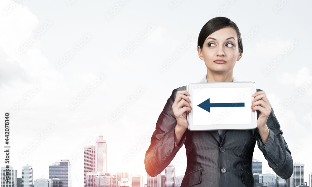 Businesswoman holding tablet computer layout Businesswoman holding tablet computer layout
