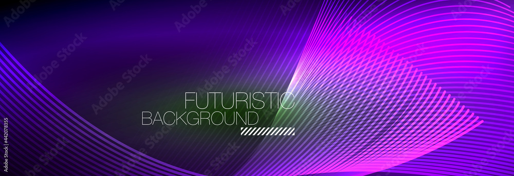 Abstract neon glowing light in the dark with waves. Shiny magic energy and motion concept, vector abstract wallpaper background Abstract neon glowing light in the dark with waves. Shiny magic energy and motion concept, vector abstract wallpaper background