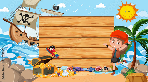 Pirate girl at the beach daytime scene with an empty banner template