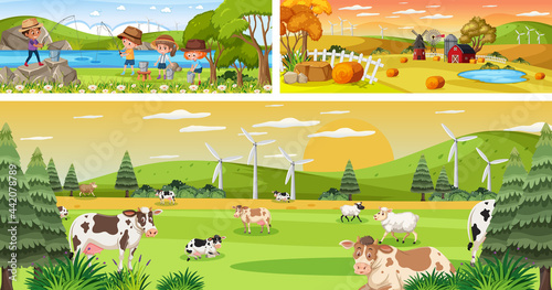Fototapeta Naklejka Na Ścianę i Meble -  Set of different outdoor panoramic landscape scenes with cartoon character