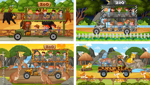 Photography Set of different animals in safari scenes with kids
