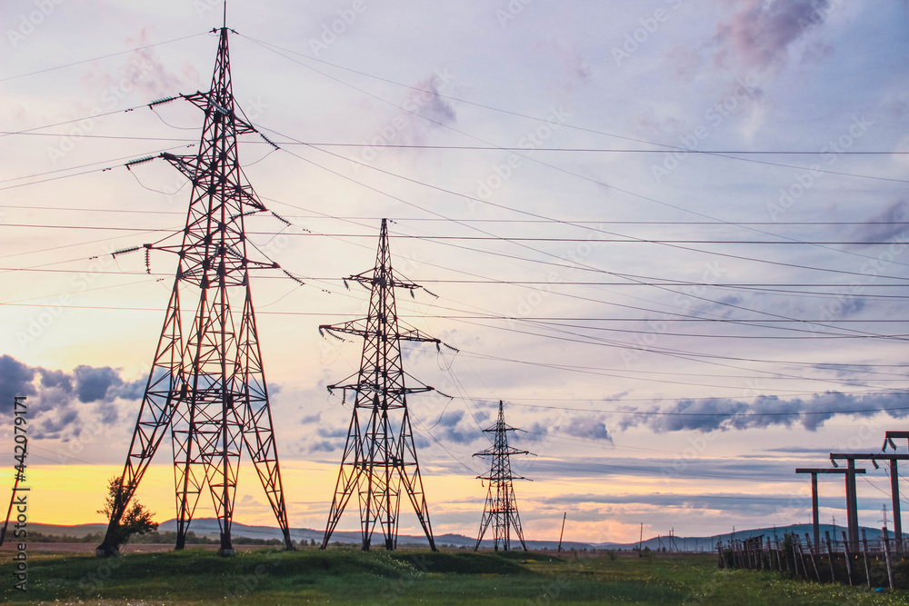 electricity, power, energy, pylon, electric, tower, sunset, sky, cable, line, voltage, electrical, industry, high, transmission, wire, wires, lines, steel, blue, silhouette, industrial, sunrise, techn