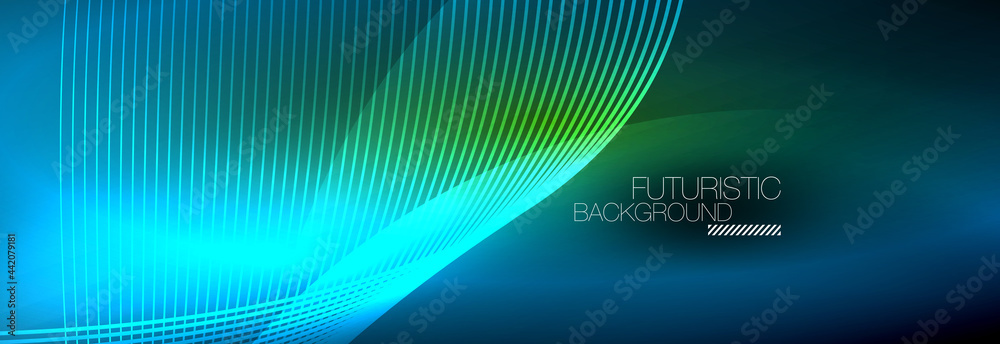 Abstract neon glowing light in the dark with waves. Shiny magic energy and motion concept, vector abstract wallpaper background Abstract neon glowing light in the dark with waves. Shiny magic energy and motion concept, vector abstract wallpaper background