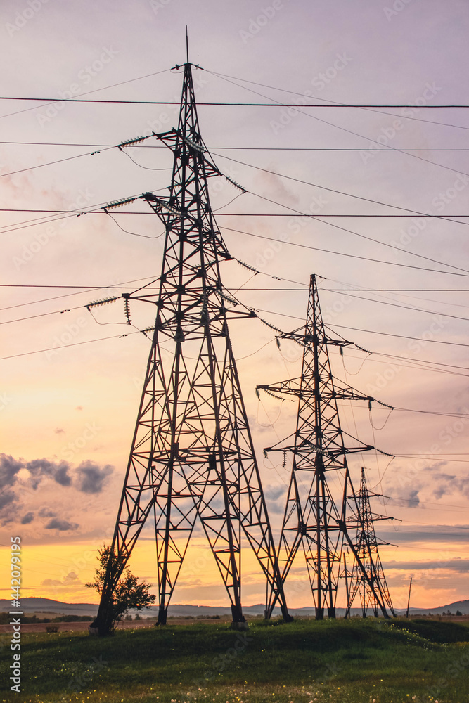 electricity, power, energy, pylon, electric, tower, sunset, sky, cable, line, voltage, electrical, industry, high, transmission, wire, wires, lines, steel, blue, silhouette, industrial, sunrise, techn