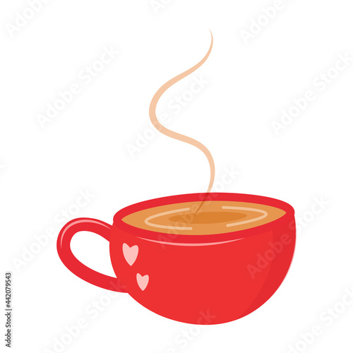 Cute red mug for coffee or tea. Light morning breakfast - coffee with cream. Isolated illustration on a transparent background. Coffee time. Vector for packaging design, menus, internet, logo coffee