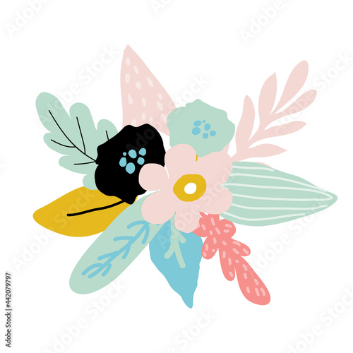 Doodle flower diadem with rose and leaves. Floral crown in abstract style. Bouquet for headband for women accessory. Vector illustration isolated on white background. Floral wreath design.
