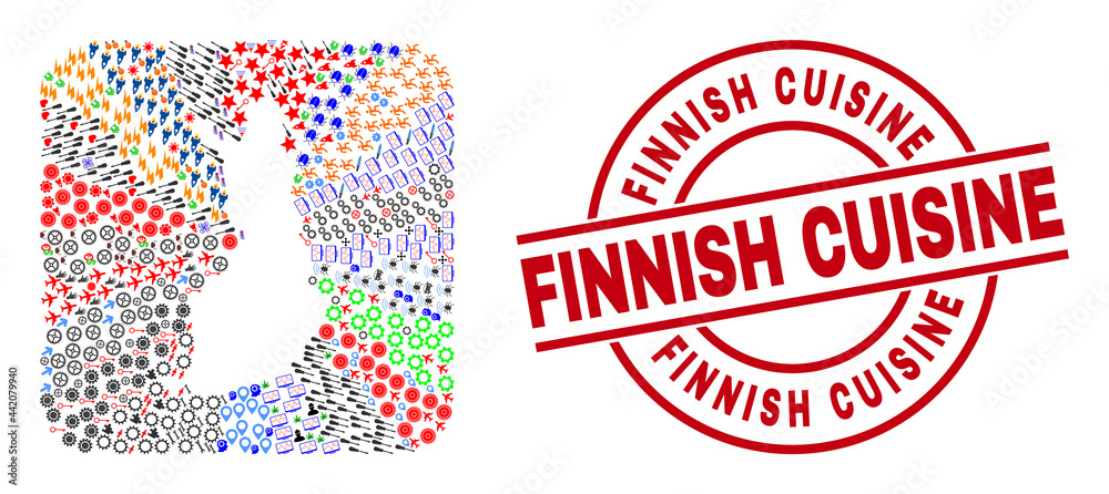 Vector collage Finland map of different pictograms and Finnish Cuisine stamp. Mosaic Finland map designed as stencil from rounded square. Red round stamp with Finnish Cuisine word. Vector collage Finland map of different pictograms and Finnish Cuisine stamp. Mosaic Finland map designed as stencil from rounded square. Red round stamp with Finnish Cuisine word.