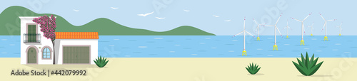 Landscape with offshore wind farm and a house