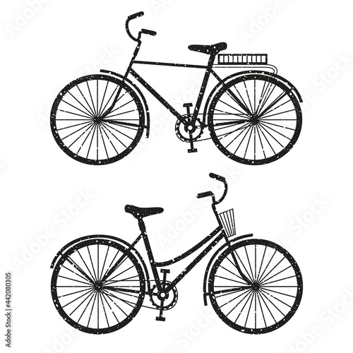 Two bicycles for men and women set. Vector monochrome shabby texture illustration isolated on white background.