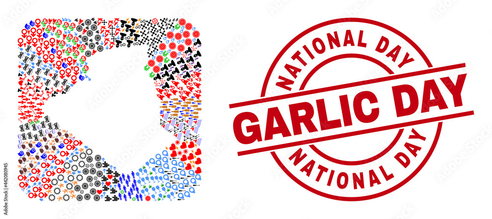 Vector mosaic Algeria map of different icons and National Day Garlic Day seal stamp. Mosaic Algeria map designed as subtraction from rounded square shape. Vector mosaic Algeria map of different icons and National Day Garlic Day seal stamp. Mosaic Algeria map designed as subtraction from rounded square shape.