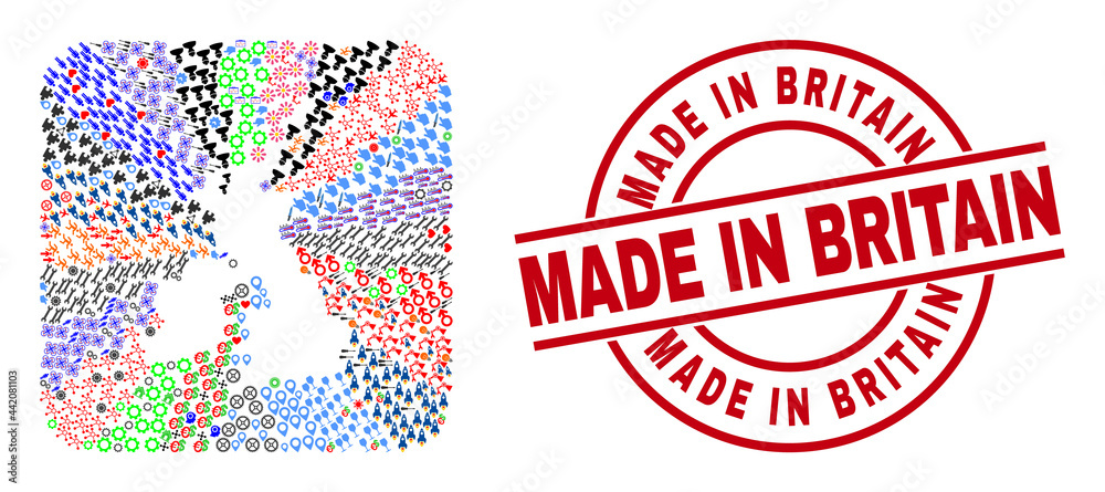 Vector mosaic Great Britain and Ireland map of different pictograms and Made in Britain seal. Mosaic Great Britain and Ireland map created as carved shape from rounded square. Vector mosaic Great Britain and Ireland map of different pictograms and Made in Britain seal. Mosaic Great Britain and Ireland map created as carved shape from rounded square.