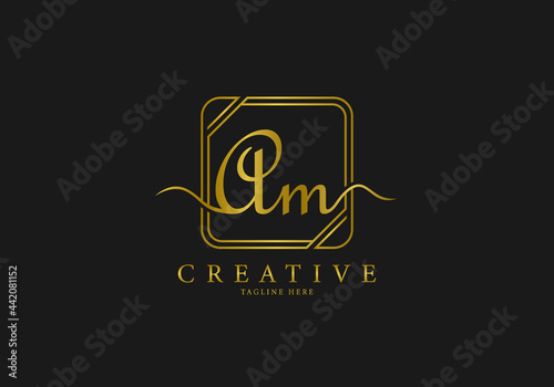 Initial AM Letter Golden Square Signature, Luxury Logo.