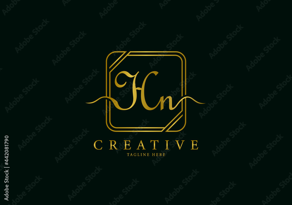 Initial HN Letter Golden Square Signature, Luxury Logo. Initial HN Letter Golden Square Signature, Luxury Logo.