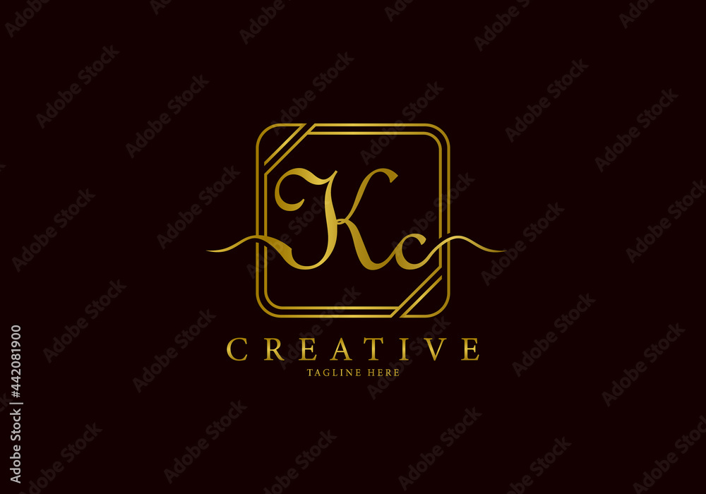 Initial KC Letter Golden Square Signature, Luxury Logo. Initial KC Letter Golden Square Signature, Luxury Logo.