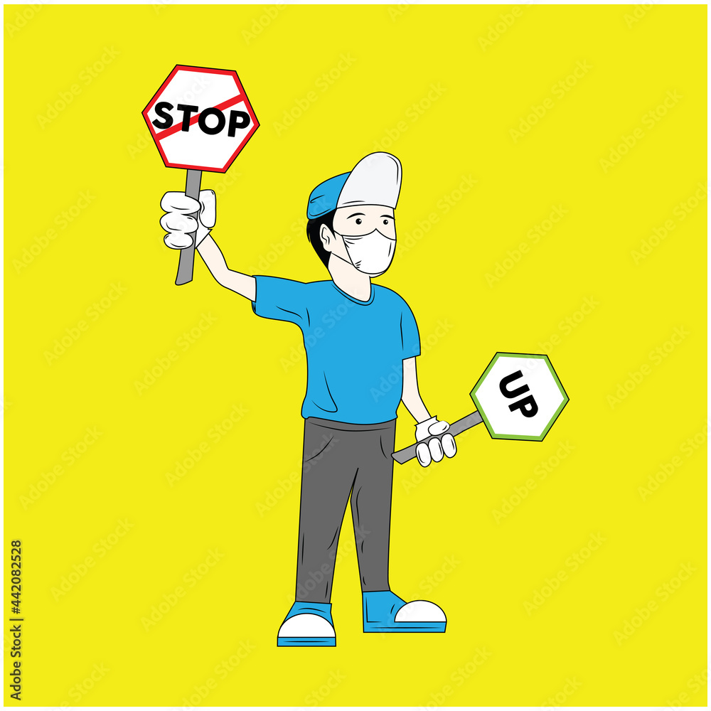 Vector graphic illustration of parking man carrying a traffic sign, perfect for brochure illustration, and children's book illustration, complement to traffic design etc.