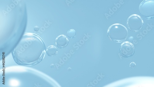 Pure vitality cosmetic refreshing hygiene hydrogen renewable energy studio shot. Transparent carbonated blue gas bubbles underwater in full-frame macro close up with selective focus banner background.