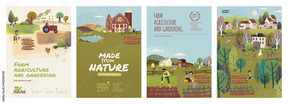 Organic farming, agriculture and gardening. Set of vector illustrations for posters, brochure covers, background, business presentation, marketing material for food market and restaurants.