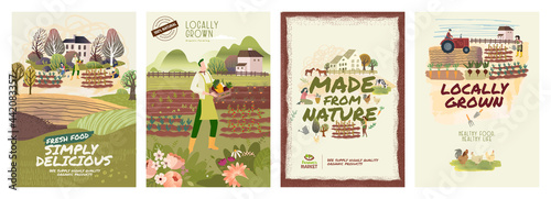 Organic farming, agriculture and gardening. Set of vector illustrations for posters, brochure covers, background, business presentation, marketing material for food market and restaurants.