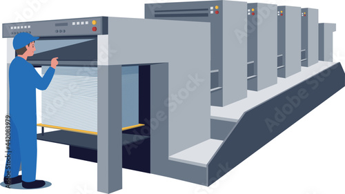 印刷会社で印刷機を操作する男性作業員のベクターイラスト