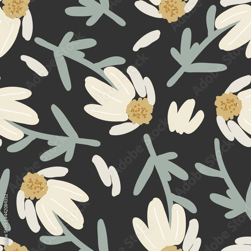 Chamomile seamless pattern. Vector endless floral background.  Fabric design, wrapping paper, textile design. Chamomile isolated on black background