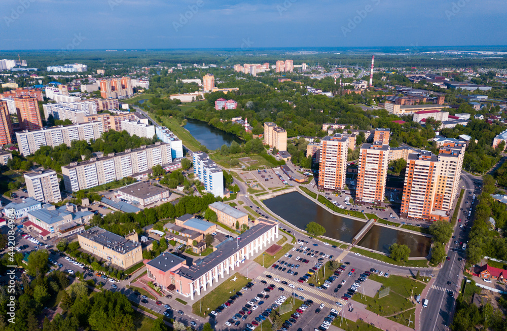 Scenic view from drone of modern cityscape of Russian city of Chekhov ..