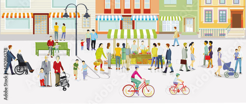Stadt mit Fußgänger und Familien in der Freizeit, Autofreie Zone, Illustration photo
