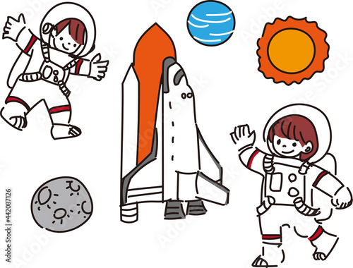 スペースシャトルと宇宙服を着た子供のイラスト