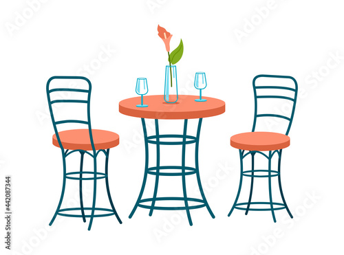 Fashionable twisted chairs and dining table. Modern entourage in scandinavian style. Winding furniture made of curved metal tubes. Glasses and vase with flower on table top. Vector illustration