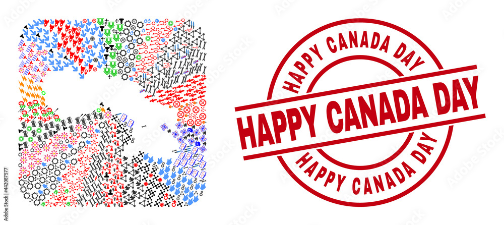 Vector mosaic Baffin Island map of different icons and Happy Canada Day seal. Mosaic Baffin Island map designed as subtraction from rounded square shape. Red round stamp with Happy Canada Day text. Vector mosaic Baffin Island map of different icons and Happy Canada Day seal. Mosaic Baffin Island map designed as subtraction from rounded square shape. Red round stamp with Happy Canada Day text.