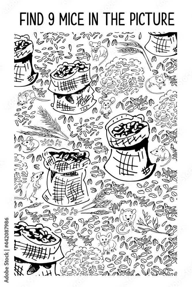 Find the hidden objects 9 Mice in the picture. Grain and mice in the barn. Vector illustration, black and white color.