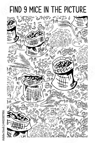 Find the hidden objects 9 Mice in the picture. Grain and mice in the barn. Vector illustration, black and white color.