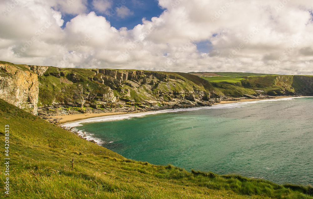 Looking from the clifftops on the Cornish coast towards the beaches and sands of Trebarwith Strand.
