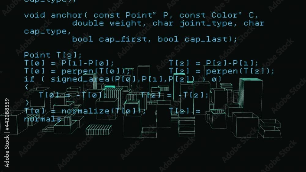 Animation of digital data processing over 3d cityscape spinning