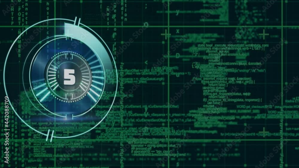Countdown timer over neon round scanner against grid network and data processing on black background Countdown timer over neon round scanner against grid network and data processing on black background