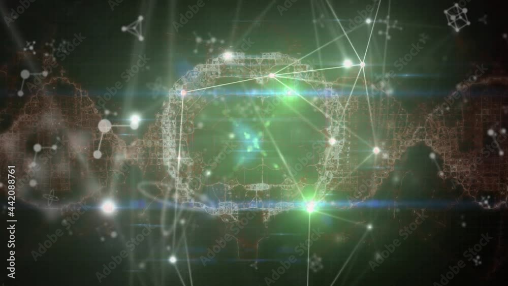 Animation of dna strand and human brain spinning over network of connections Animation of dna strand and human brain spinning over network of connections