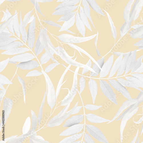 Foliage seamless pattern, white leaves on bright yellow