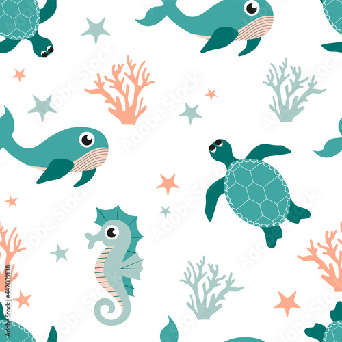 Sea marina pattern with ocean animals. Vector sea horse 