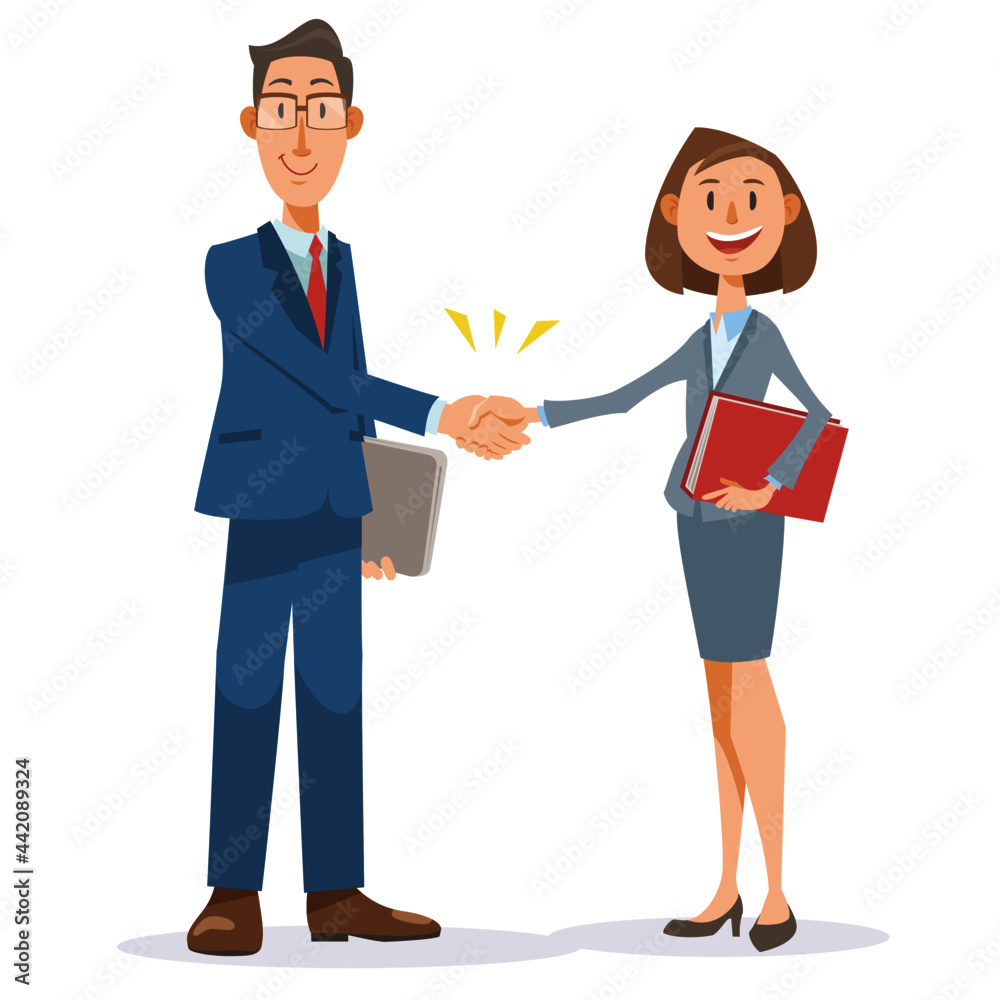 Two young businesspeople shaking hands with smile. A man with a laptop and a woman with a file shake hands. Vector illustration in flat cartoon style. Two young businesspeople shaking hands with smile. A man with a laptop and a woman with a file shake hands. Vector illustration in flat cartoon style.
