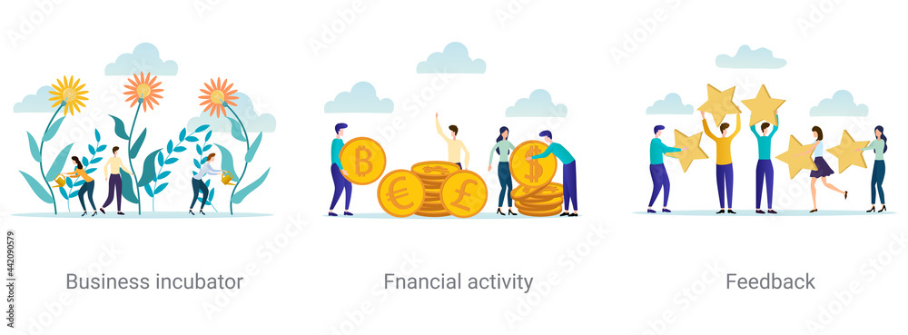 A set of vector illustrations on the topic of business.Business incubator,financial activity, feedback.Abstract illustrations.