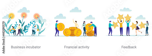 A set of vector illustrations on the topic of business.Business incubator,financial activity, feedback.Abstract illustrations.