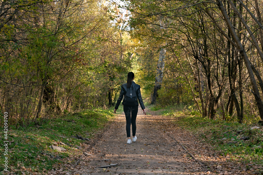 Lonely girl is walking in the alley of the park. Back view. Be in silence Lonely girl is walking in the alley of the park. Back view. Be in silence