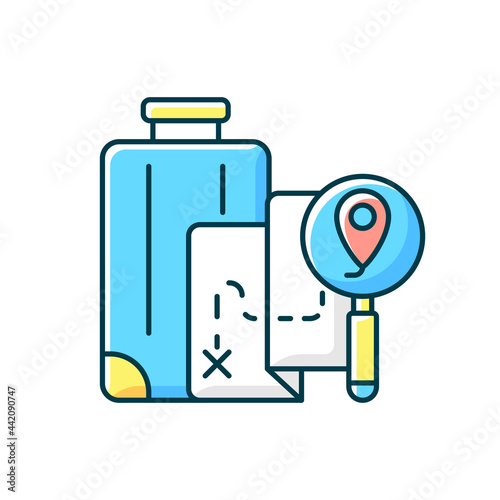 DIY travel RGB color icon. Plan trip destination for vacation journey. Traveller suitcase and map with gps pointer. Isolated vector illustration. Tourism industry category simple filled line drawing