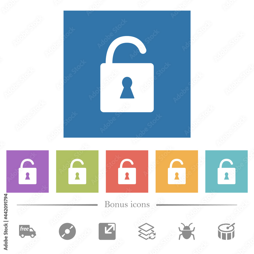 Unlocked padlock with keyhole flat white icons in square backgrounds Unlocked padlock with keyhole flat white icons in square backgrounds