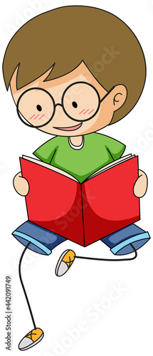 A doodle kid reading a book cartoon character isolated