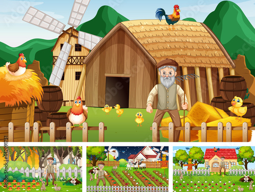 Different farm scenes with old farmer man and animals