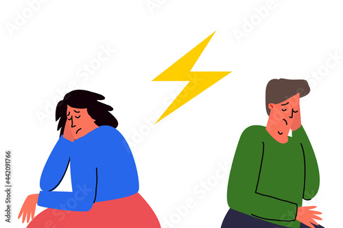 A frustrated, quarreled couple. Man and woman apart, quarrel, resentment