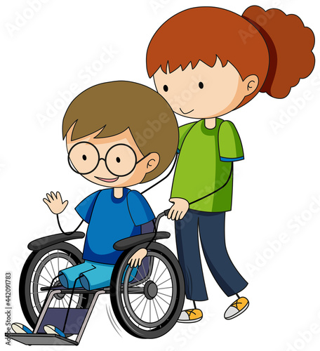Doodle cartoon character of a boy sitting on a wheelchair